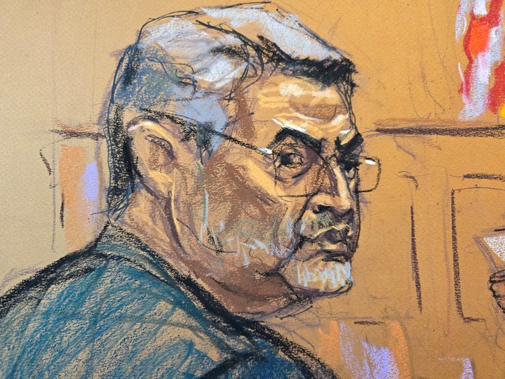 Dibujo del expresidente Juan Orlando Hernández mientras espera la sentencia del jugo en contra.  Foto EFE