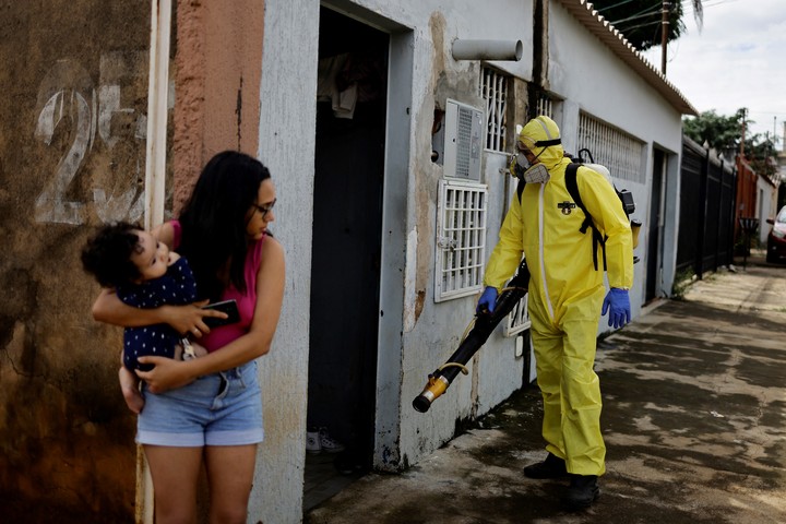 Un trabajador del área de Salud fuma en un barrio de Brasilia, ante la invasión de mosquitos transmisores del dengue.  Foto: REUTERS