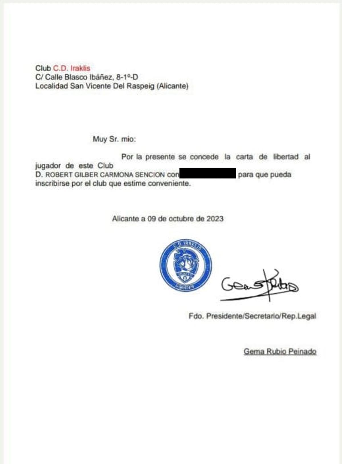 La carta de libertad que le permite a Carmona jugar con el Río de la Plata